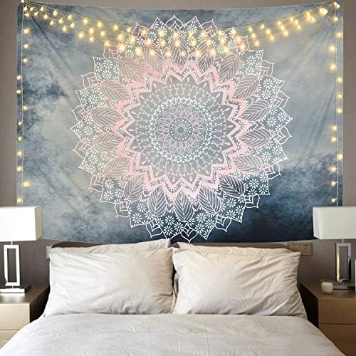 Alishomtll Mandala Wall Hanging Lotus Tapestry Indian Tapestry Bohemian Oriental Wall Cloth Flower Wall Decoration Grey Pink 150 x 210 cm