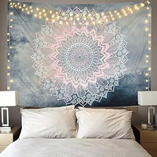 Alishomtll Mandala Wall Hanging Lotus Tapestry Indian Tapestry Bohemian Oriental Wall Cloth Flower Wall Decoration Grey Pink 150 x 210 cm