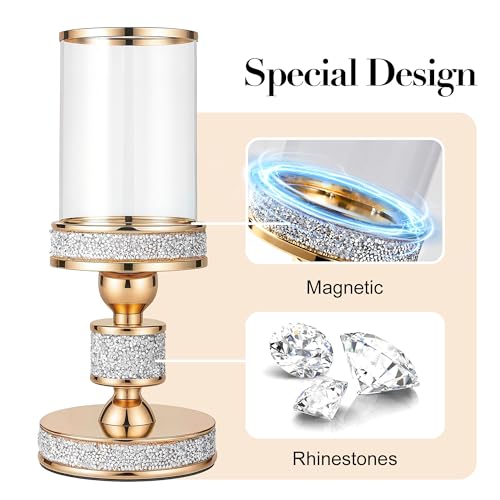 Pillar Candle Holder with Glass Wind Proof, Metal Hurricane Holders, Gold Crystal Candle Stand for Table Centerpieces, Home Decor, Wedding, Dining Table (S, 1PC, for Pillar Candles up to 3"x5") - Image 6