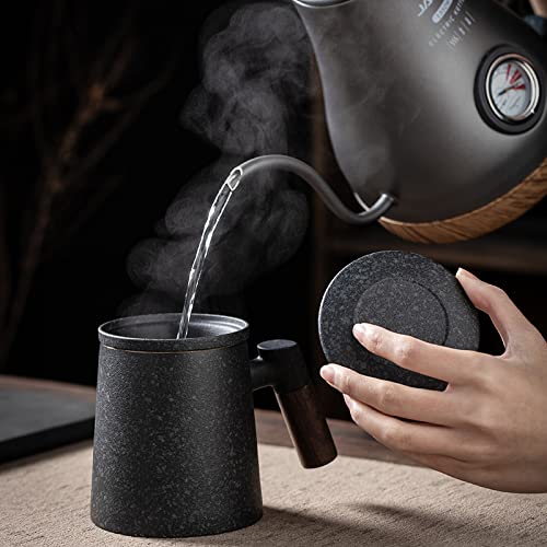 Fosenw Ceramic Tea Mug,Tea Cup With Lid,Infuser And Wooden Handle,12 Oz,Bluestone #TOP3