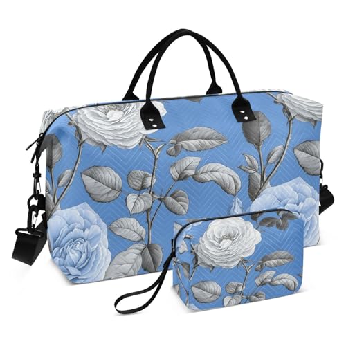 Rose Travel Gym Bag, Rose Flower Elegant Pattern Weekender Overnight Duffle for Women with Toiletry Bag Travel Swim