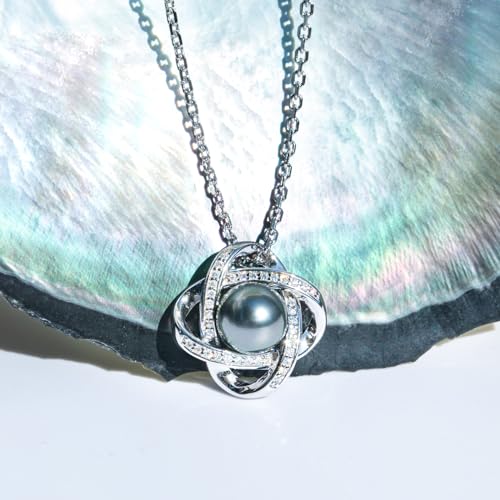 Genuine Tahitian Black Pearl with Moissanite Love Knot Pendant Necklace, AAAA Handselected Black Pearls, D Color Moissanite, 18K White Gold Plated Sterling Silver, 45+2+3mm Adjustable Chain4