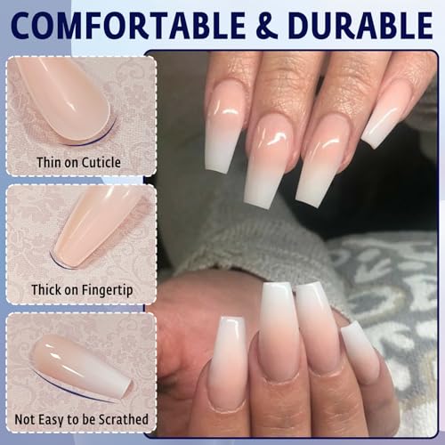 Bellelfin 240Pcs Ombre Coffin Nails, Full Cover Acrylic Gradient False Nails with Tabs, Nude, Artificial Stick Ons for Women Girls