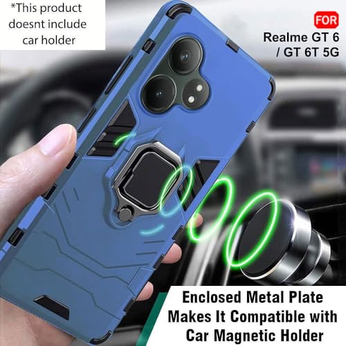 Image of TheGiftKart Tough Armor Bumper Back Case Cover for Realme GT 6 / GT 6T 5G | Ring Holder & Kickstand in-Built | 360 Degree Protection Back Case Cover for Realme GT 6 / GT 6T 5G (PC & TPU, Blue)