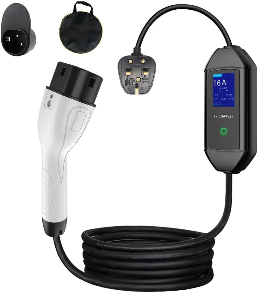 Cable Cargador EV Tipo Enchufe británico de 2 a 3 Pines, Corriente Ajustable de 3,5 kW (6/8/10/13 A), Cargador portátil y doméstico para Coche eléctrico con Pantalla LED y retardo de 1 a 10 Horas, 15m