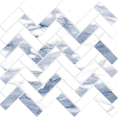 White with Blue-Gray Polished Porcelain Herringbone Tile – 11" x