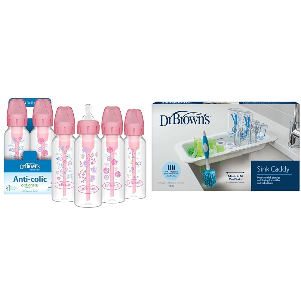 Dr. Brown's Anti-Colic Options+ Narrow Baby Bottle, Pink Floral, 8oz, 4 Pack + Dr. Brown's Sink Caddy for Baby Bottles and Parts, Over The Sink Kitchen Storage, Drying Rack, and Organizer, BPA-Free