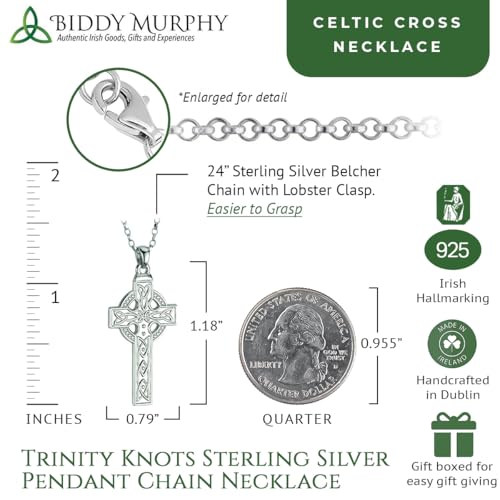 Biddy Murphy 925 Sterling Silver Celtic Cross Pendant Necklace for Men, Irish Trinity Knot, 24" Belcher Chain, Hand Crafted, Imported from Ireland3