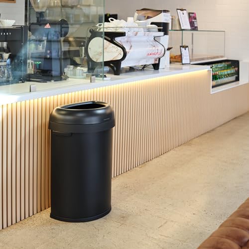 Image of simplehuman Semi-Round Open Can, 80L / 21.1 Gallon Commercial Trash Can with Flat Back for Restaurants, Cafes, Lobbies, Dent-Resistant Heavy Gauge Steel, ADA-Compliant, Matte Black Steel
