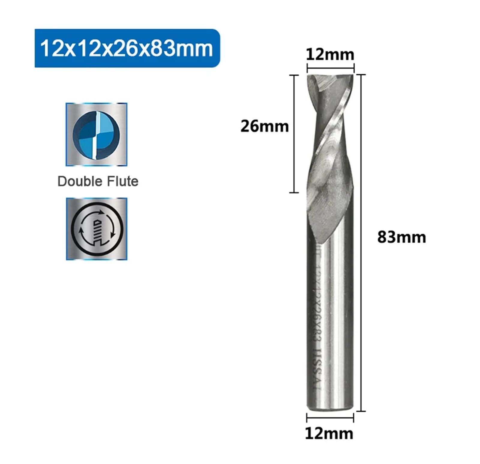 Fraise à queue droite en carbure HSS à 2 cannelures de 2 à 12 mm, for machine à bois CNC(12x12x26x83mm)