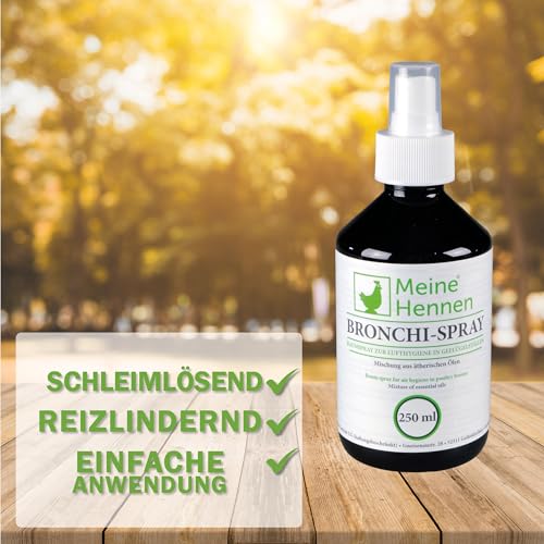 Meine Hennen Bronchi-Spray 250 ml, Raumspray, zur Lufthygiene aus verschiedenen ätherischen Ölen für Hühner, Tauben und Wachteln. Für Ihr Geflügel zur Unterstütung der Lufthygiene in Hühnerställen.