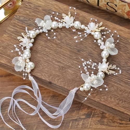 BYETOCE Metallic Floral Flower Crown with Pearl Hair Dress Gold Flowers for Hair Wreath Headpiece Festival Hairband Bridal Accessories for Wedding Fairy Party Photos