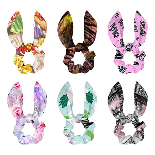 Chouchou en velours oreilles de lapin anti-casse motif Tour Eiffel rose lot de 6 pièces