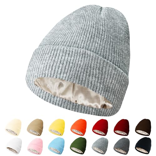Image of PFFY Womens Satin Lined Beanie Hat Silk Lining Winter Hats Beanies for Women Soft Slouchy Beanie Skull Cap