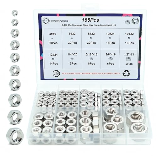 wwsurpluses 165 Pack SAE Hex Nuts Assortment Kit, 4#40 6#32 8#32 10#24 10#32 12#24 1/4-20 5/16-18 3/8-16 1/2-13 304 (A2-70) Standard Inch Coarse Thread Hardware Nuts