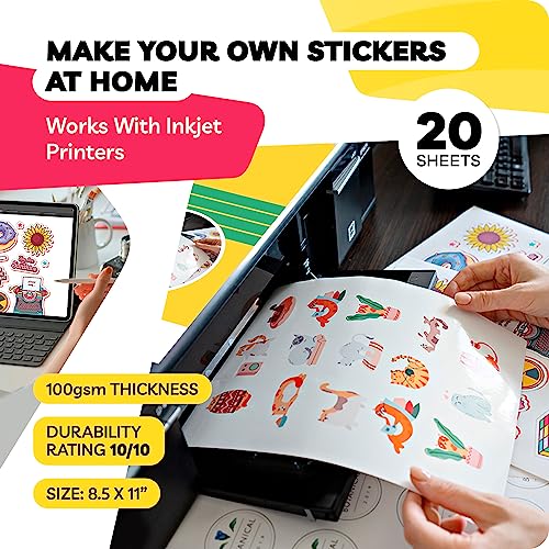 Glossy Sticker Paper for Inkjet Printer - Sticker Paper for Printer - Vinyl Sticker Paper - Sticker Paper for Cricut - Printable Vinyl Sticker Paper (20 pack, 8.5 x 11\") - Cricut Sticker Paper