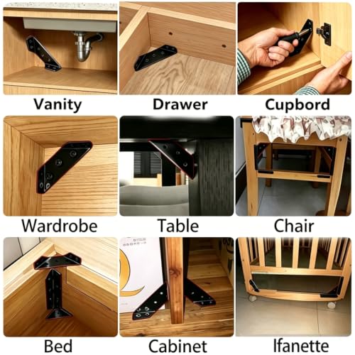 Image of 20PCS Corner Braces for Wood - Black Stainless Steel Corner Brackets, Universal L Brackets for Wood, Furniture Corner Connector, Metal Angle Bracket for Shelves, Cabinet,Chair, Table, Drawer