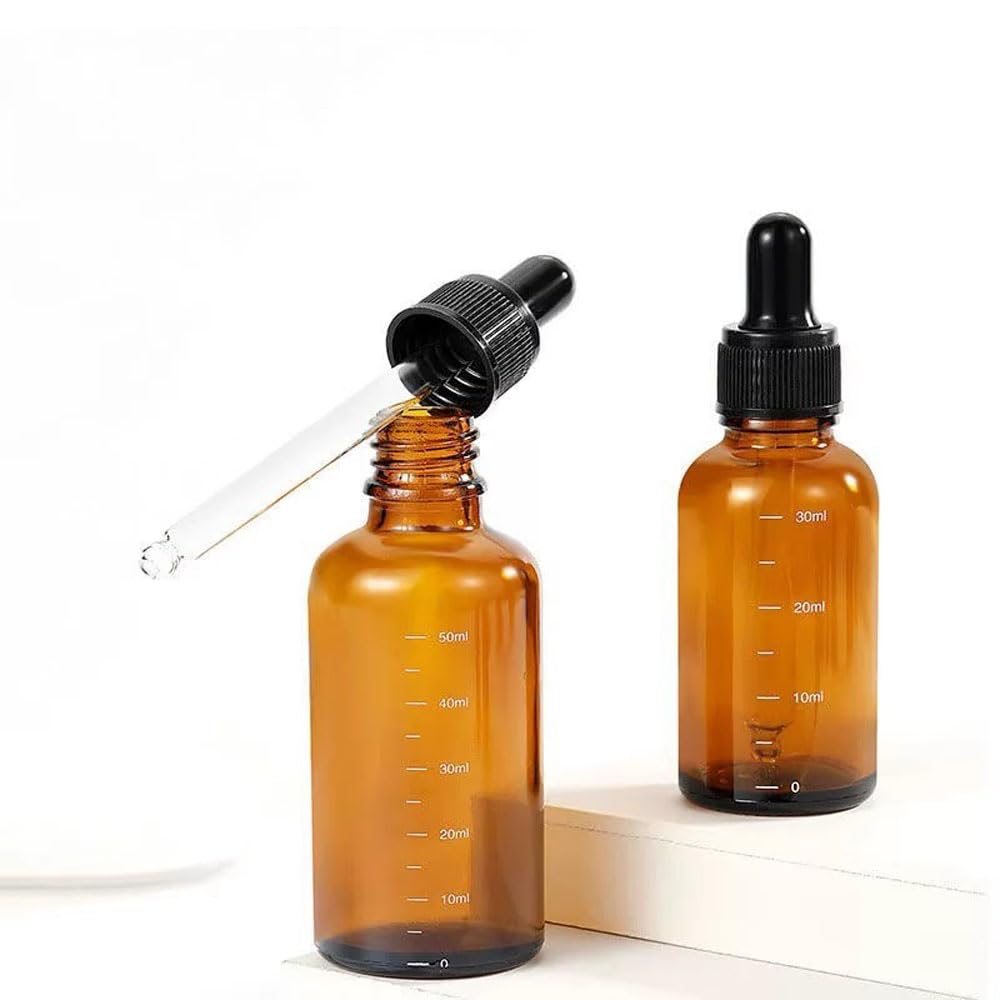 Leere bernsteinfarbene Glas-Tropfflaschen für ätherisches Öl, nachfüllbarer Ölbehälter mit Skalen-Reagenz für Augentropfenöle, Aromatherapie, Flüssigkeitspipetten, nachfüllbare Behälter (100 ml)