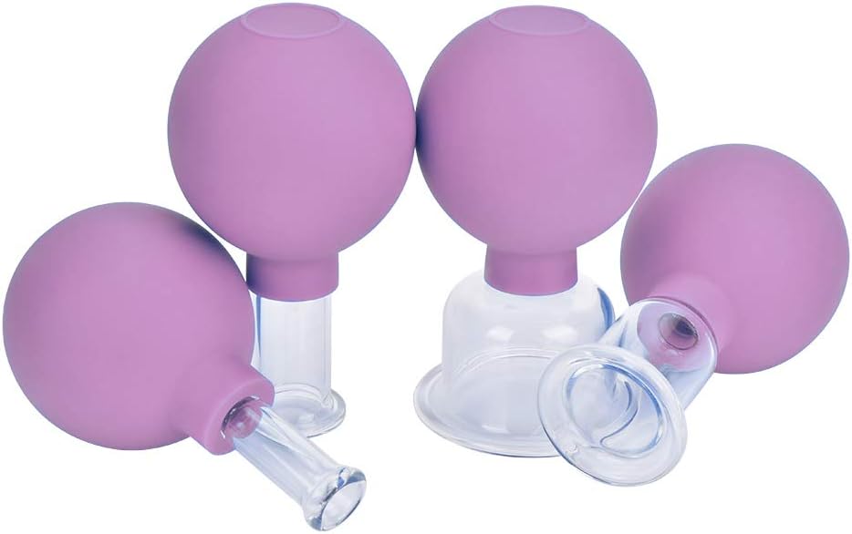 FeelFree Sport 4 Pieces Glass Facial Suction Cupping Set-Silicone Vacuum Suction Massage Cups Anti Cellulite Lymphatic Therapy Sets for Eyes, Face and Body… (Purple)