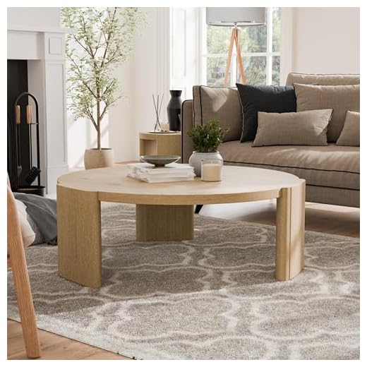 Modern Oak Round Coffee Table with Plinth Base