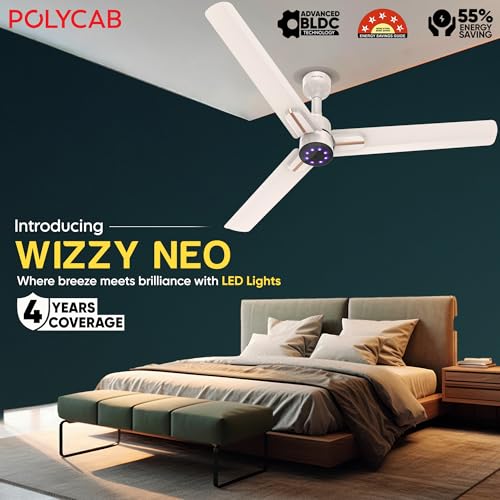 Image of Polycab Wizzy Neo LED 1200mm BLDC Ceiling Fan with remote |BEE 5 Star Rated, Higher Air Delivery|LED Indicator,Reverse,Sleep and Breeze Mode |3 Years Warranty【Beige Rosegold】