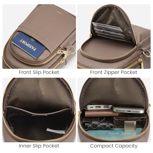 Image of Kattee Sling Bag for Women, Leather Crossbody Bag for Travel, Khaki | Top Grain Pebbled Leather. RFID back pocket, small chest bag fit 6.9-inch phone, fanny pack with adjustable strap.