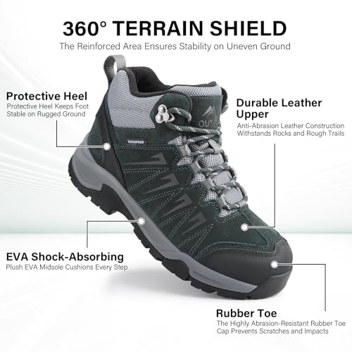 Image of Men's Waterproof Hiking Boots Lightweight Leather Mid Ankle Outdoor Trail Trekking shoes