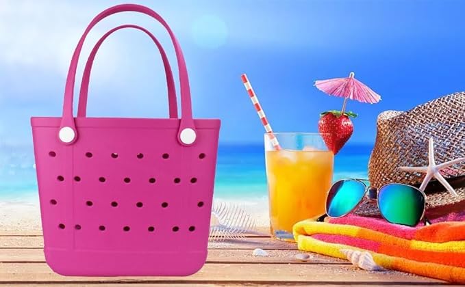 Extra Large Rubber Beach Bag, Washable Moisture Resistant Durable Open Hole Tote Bag Beach Vacation Essentials (Red, Large)3