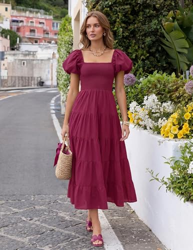 Image of ZESICA Women's 2026 Summer Puff Sleeve Midi Dress 2026 Boho Solid High Waist Flowy Beach Wedding Guest Long Dresses