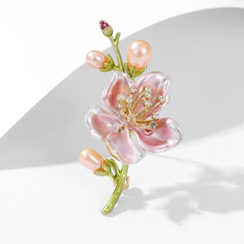 Image of 14K Gold Graceful Vintage Chinese Style Brooch Pin for Women, Freshwater Pearl Magnolia Flower Pink /White Pin, Ideal for Traditional Events, Women's Brooches & Pins