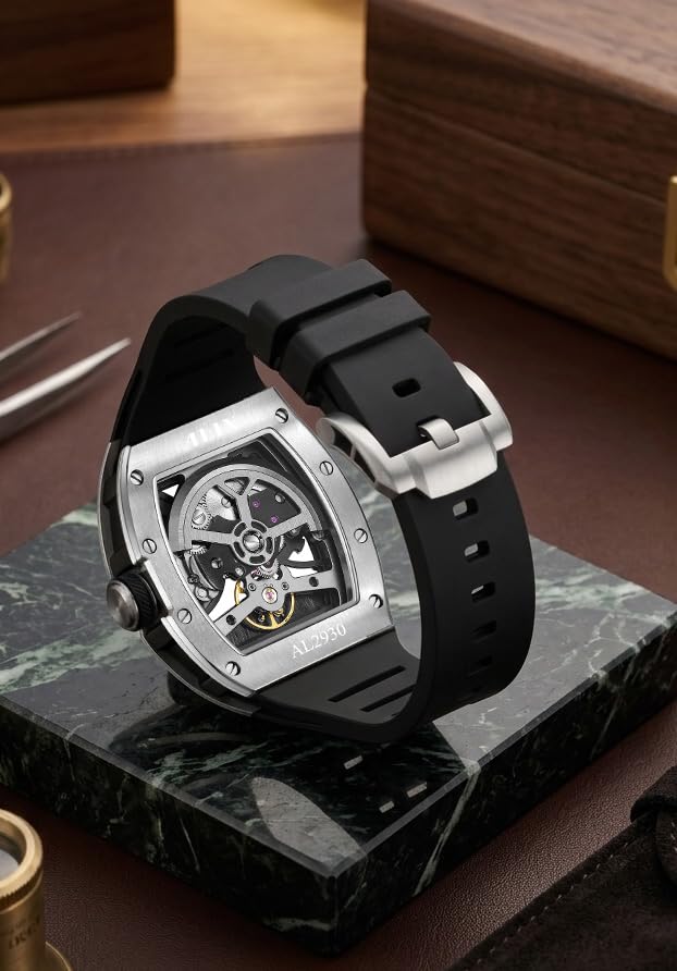 Image of ALIX AL2930 Skeleton Automatic Watch for Men Space Edition Astronaut & Moon Dial with Soft Silicone Strap