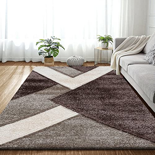 B&B Stylish Large Area Rugs For Living Room - Non Shedding Dense Pile Shaggy Rug For Bedroom Kitchen Carpet Runner Non Slip Floor Mat - Brown Beige Cream - Nova, 120 x 170 cm