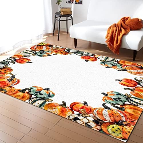 Thanksgiving Area Rug for Living Room, Rectangular Indoor Carpet - 2' x 3', Polka Dot Plaid Paint Pumpkin Orange Green Fall Non-Skid Bathroom Mat Kitchen Runner Rugs for Bedroom