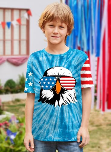 Image of BesserBay Unisex Kids 4th of July American Flag Tee Tie Dye Patriotic Short Sleeve Shirt 6-14 Years