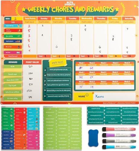 Magnetic Chore Chart for Kids - Weekly Responsibility & Reward System with 4 Dry Erase Marker, 80 Chore Magnets & 20 Reward Magnets - Behavior Chart, Routine & Kids Task Board for Home Organization