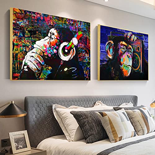 Singe écoutant de la musique en impression sur toile colorée 60x90cm