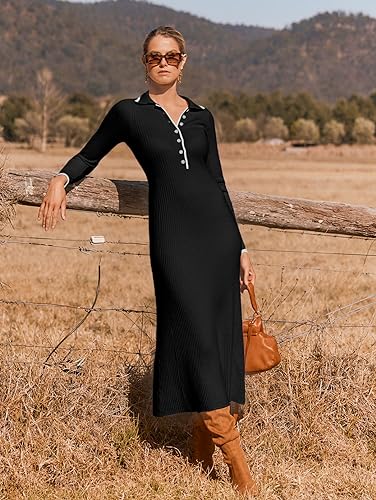 MEROKEETY Women's Long Sleeve V Neck Sweater Dress Button Ribbed Knit Slim Fit Elegant Maxi Dresses3