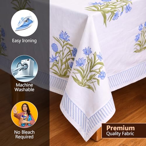 Nappe rectangulaire bleu 182x342 fleurie en coton mélangé pour table à manger - 7