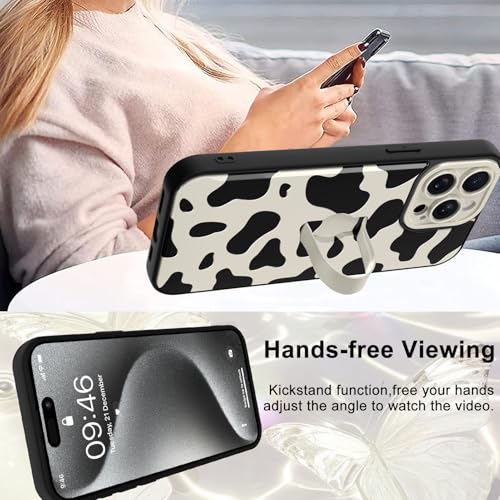 Image of for iPhone 15 Pro Max Case with Finger Strap Holder, Cute Cool Cow Print Pattern Design for Women Men, Shockproof Anti Scratch Hand Kickstand Protective Cover, White