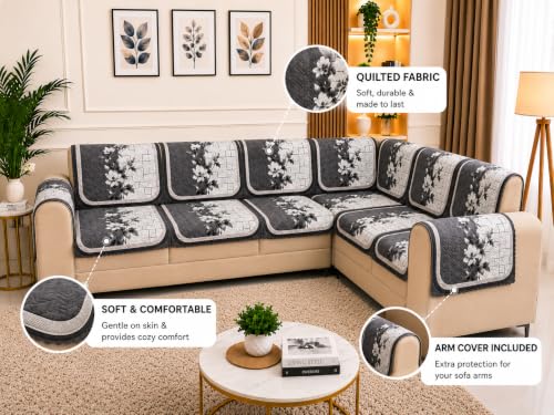 Image of Printed 7 Seater L-Shape Sofa Cover with Arm Covers, Quilted Texture, Sectional Couch Protector for Living Room-Pack of 15 (Grey Bloom)