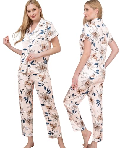 Image of WJing Yi Jia Womens Pajamas Set XS-4XL Floral Silk Satin Pajama Sets Silky Pj Sets 2Pcs Loungewear Sleepwear Button Down Pjs