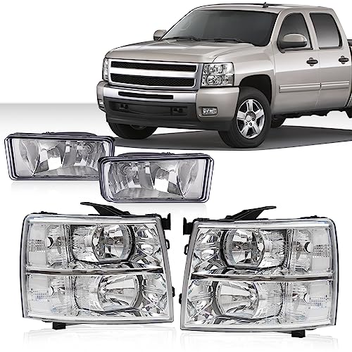 Image of GRAND ORANGE Headlights & Fog Lights Set HeadLamp Compatible with Chevy Silverado 1500 2007-2013 / Fit Chevy Silverado 2500 3500&HD 2007-2014 Driver and Passenger Side Chrome Housing Clear Lens Corner