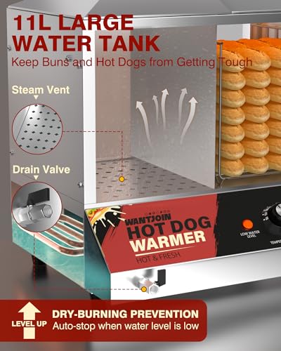 Image of WantJoin Commercial Hot Dog Steamer - 36L /38QT Electric Hot Dog Steaming Machine and Bun Warmer, Stainless Steel Hot Dog Cabinet with Tempered Glass 200-275 Sausages & 40-45 Buns