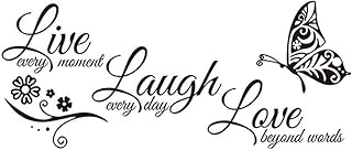 iTemer. Adesivi da Muro Serie, 1x Parola Adesivo Sticker di 'Live Every Moment,Laugh Every Day,Love Beyond Words' Fiore e Farfalla Wall Tattoo di Rimovibile PVC per Il Casa, Ufficio, Nero 74x32cm