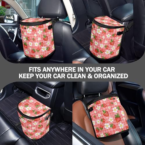 Image of Strawberry Florals Checkered Plaid Car Trash Can Car Garbage Bag with Lid Hanging Waterproof Leak Proof Vehicle Storage Bin