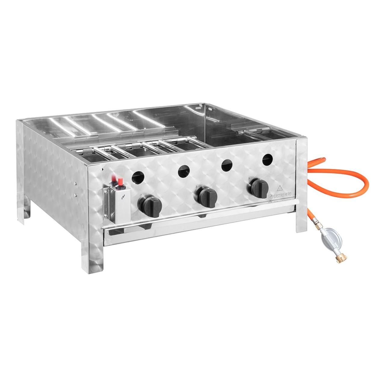 GastroHero Tischbräter, 3 Brenner, 10 kW, Edelstahl TBG3-T | Profi Gastro Kombibräter, Outdoor Tischgrill 650×570×270 mm inkl. Gasschlauch & Druckminderer