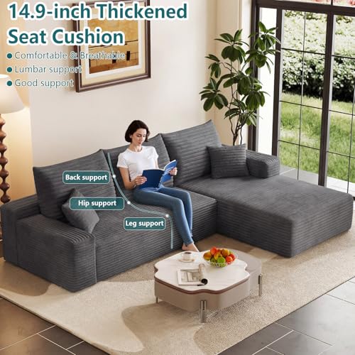 Image of 95 inch Modular Sectional Couch, Boneless L Shaped Cloud Sofa with Chaise Lounge, Corduroy Upholstered Couches Memory Foam Deep Seat, No Assembly Required, Ideal for Living Room(Dark Gray, Right Facing)