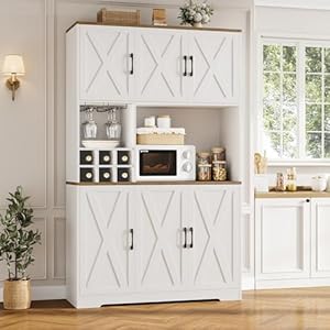 HOSTACK Kitchen Pantry Storage Cabinet 71 Tall Food Pantry Cabinet with Microwave Stand Farmhouse Kitchen Hutch Cabinet Coffee Bar Hutch with Wine Rack for Dining Room Living Room White