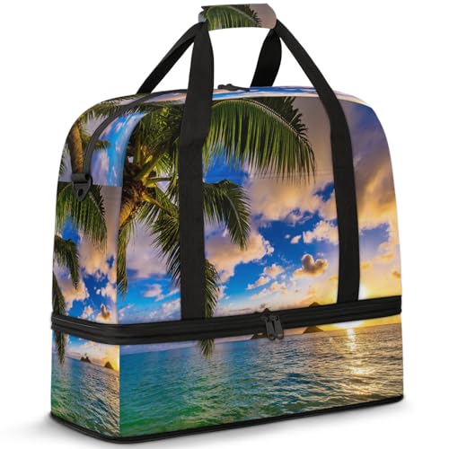 Large Weekender Overnight Bags Ocean Sunrise Palm Travel Duffel Bag for Women Men Gym Bags With Shoe Compartment Foldie Travel Tote Bag Carry On Personal Item Bag for Travel Gym Sports
