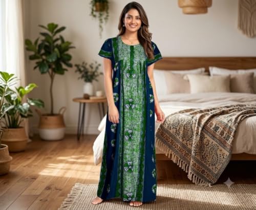 Image of Keyocean Women's Cotton Printed Maxi Nighty, Full Length Night Gown for Women, Comfortable Nightwear and Sleepwear, Free Size, Pack of 2